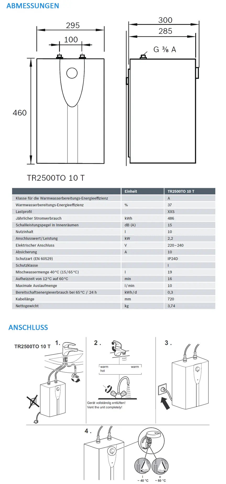 Vertikaler elektrischer Warmwasserspeicher von Bosch mit Anschlüssen und Installationsschema, ausgestattet mit Sicherheits- und Leistungsangaben in deutscher Sprache.